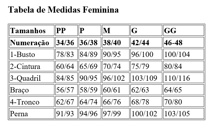 Tabela de Medidas Feminina - Evidence Ballet